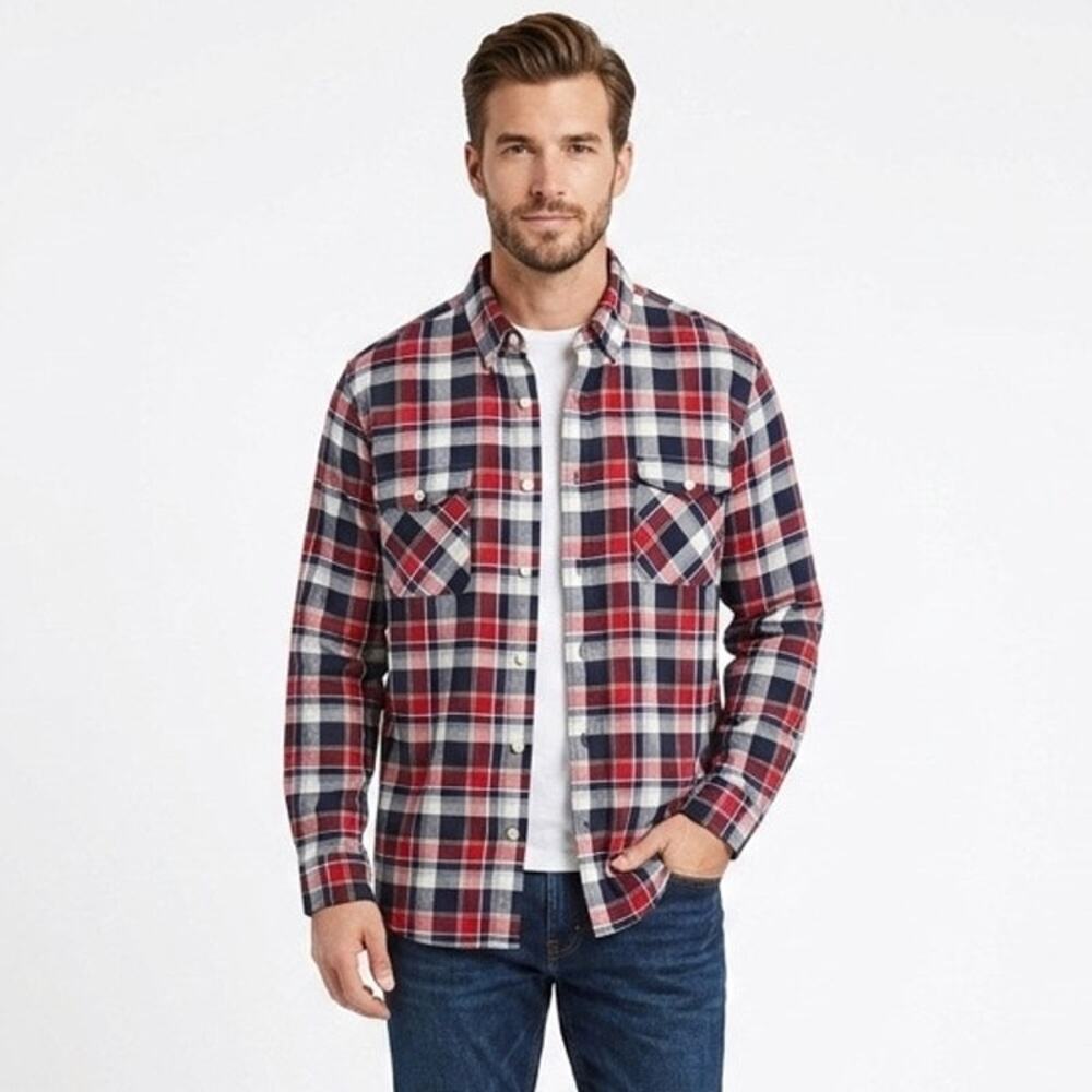 Nautica Men's Plaid Button Down Shirt L Red & Black Long Sleeve Cotton Pockets